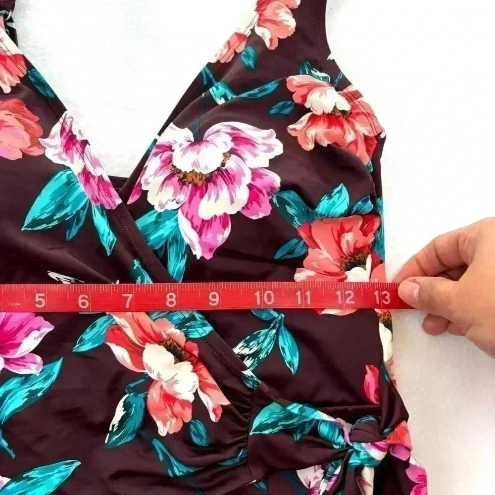 Embrace Your Curves Maroon Floral V-Neck Plunge Spaghetti Strap One Piece Size M